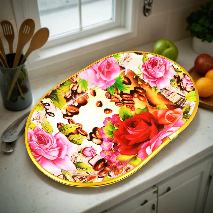 Small Plastic Flower Printed Design Serving Tray (1 Pc / 27 x 18 CM / Mix Color) 
