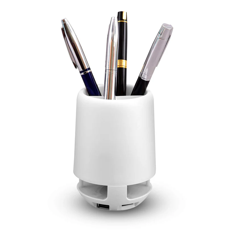Multifunctional Pen Holder – 4 Compartments, Bluetooth Speaker & LED Lamp
