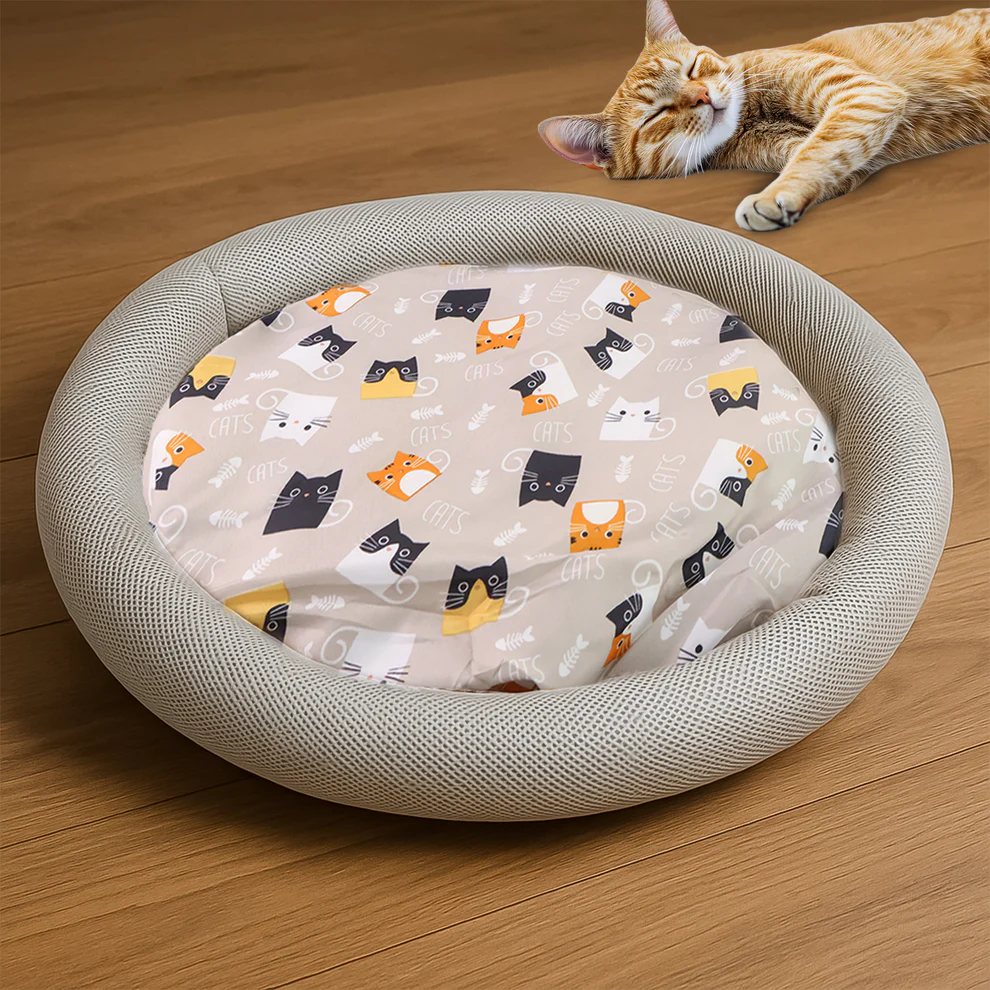 Round Soft Plush Cat Bed with Cartoon Cat Print Cushion 1 Pc