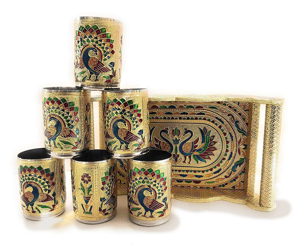 Peacock Design Glass with Handle and Handicraft Serving Tray Set