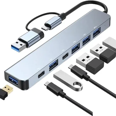 7-in-1 USB-C Hub (Grey) – 1x USB 3.0, 4x USB 2.0, USB-C, 60W PD Charging + USB-A Converter